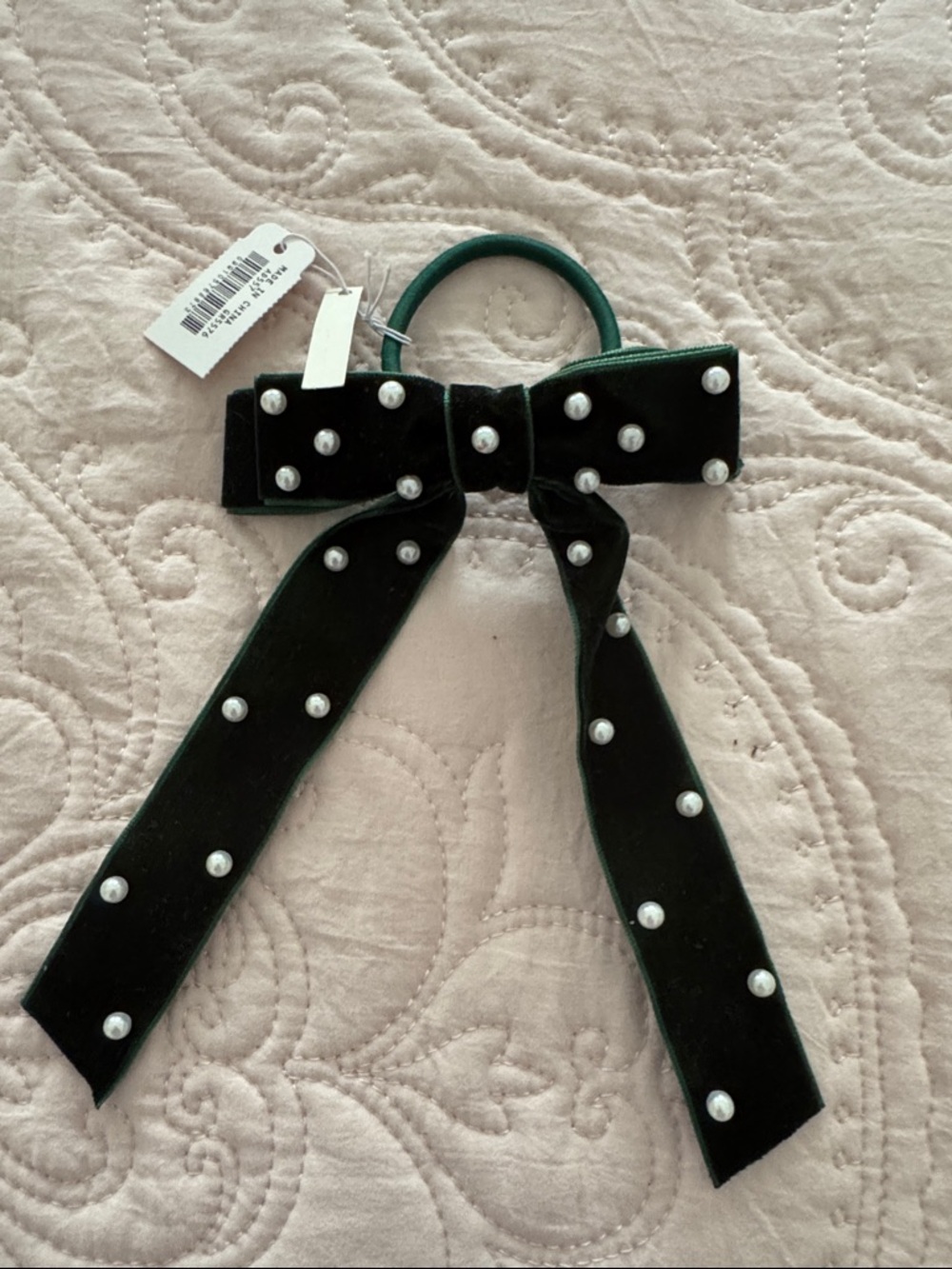 Pearl-Embellished Velvet Bow Hair Tie - Dark Green